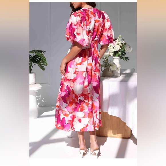 NWT Pink and White Floral Puff Sleeve V Neck High Waist Maxi Dress Size Small - Picture 15 of 15